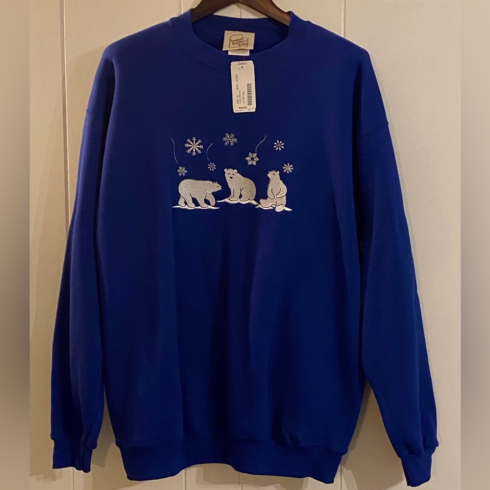Royal Blue Large Christmas sweatshirt embroidered polar bears NWT